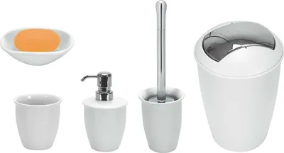 Produktbild von Spirella Badezimmer Set, 5-teiliges Badzubehör aus Porzellan Atlanta Seifenspender, WC Bürste, Seifenschale und Zahnputzbecher Weiß