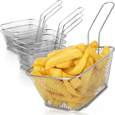 Produktbild von com-four® 6x Mini-Korb zum Servieren von Pommes (4,5 x 11 x 7 cm) - Snackschale aus rostfreiem Edelstahl 430 - silberfarbene Mini-Frittierkörbe - Servierkorb mit Griff, Pommeskorb