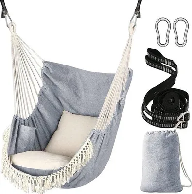 Image de Fauteuil suspendu Unyqoos® en tissu de coton doux, comprenant 2 coussins de siège, 2 sangles en polyester et 2 mousquetons en fer, une poche latérale, des franges, supportant jusqu'à 227 kg, pour une utilisation intérieure et extérieure