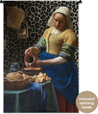 Produktbild von MuchoWow® Wandteppich Wandbehang Milchmädchen - Kunst - Pantherdruck - Vermeer - Gemälde - Alte Meister 90x135 cm Tapisserie Dekoration Wandtuch - Baumwolle - Wandskulptur