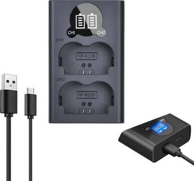 Produktbild von Trade-Shop Dual Akku Ladegerät 2-Kanal Ladestation mit LCD-Anzeige Micro-USB USB-C für Fujifilm FinePix XT4 X-T4 Fuji NP-W235