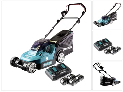 Zdjęcie produktu dla Makita DLM 432 PG4 kosiarka akumulatorowa 36 V ( 2x 18 V ) 43 cm bezszczotkowa + 4x akumulator 6,0 Ah + podwójna ładowarka