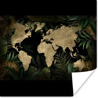 Produktbild von MuchoWow® Poster Weltkarte - Gold - Blätter 75x75 cm - Wand Dekoration