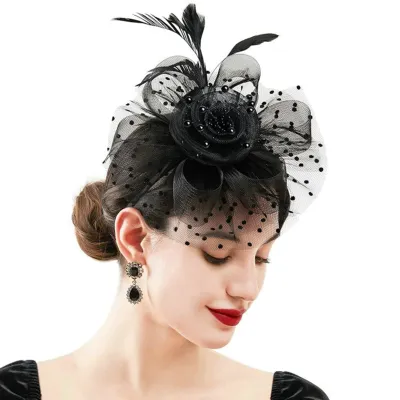 Produktbild von Perlen Dekor Dot Print Metall Clip Fascinator Hut Mesh Blume Feder Dekor Party Kopfbedeckung Haarschmuck-Schwarz