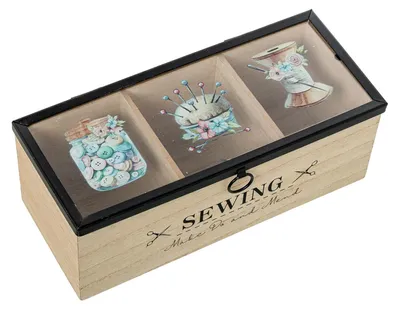 Produktbild von DRW Nähkästchen aus Holz mit Glasdeckel in Natur und Schwarz, 24 x 10 x 9 cm