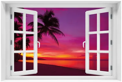 Produktbild von Wallario Premium Glasbild mit Fensterrahmen, freischwebende Optik, kräftige Farben, Größe 60 x 90 cm Motiv Abendrot unter Palmen - pinker Himmel am Strand