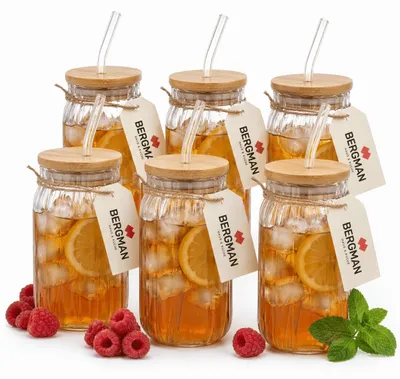 Produktbild von Bergman 6er Set geriffelte Gläser 480 ml Bambusdeckel
