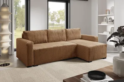 Produktbild von LIKMA Karamell Ecksofa Cord Tilia 232x145 cm mit Schlaffunktion (200x140 cm) Eckcouch mit Bettkasten Wohnlandschaft mit Bettkasten Cord Bettsofa mit Stauraum Polstermöbel Sofa 3 Sitzer