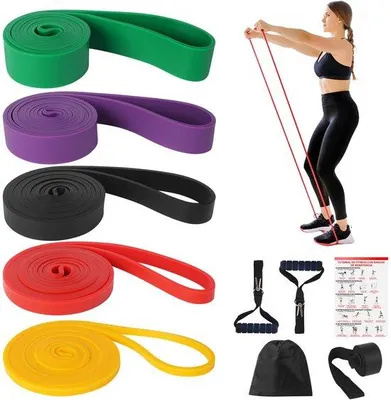 Productafbeelding van Unyqoos® Complete set weerstandsbanden – 5 weerstandsniveaus (23–57 kg), TPE, met deuranker, handgrepen, draagtas en trainingsgids voor krachttraining en yoga