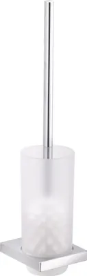 A toilet brush with a frosted glass holder and a silver handle, presented on a white background.