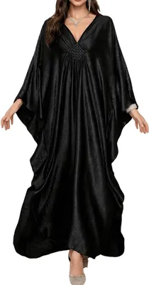 Productafbeelding van Lange kaftan-jurk voor dames in zwart, maxi-model, eenheidsmaat, geschikt als strandoverjurk of loungekleding