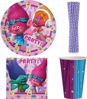 Produktbild von Partyset Trolls Kindergeburtstag Einweggeschirr Party Deko Geburtstagsdeko Teller Becher Servietten