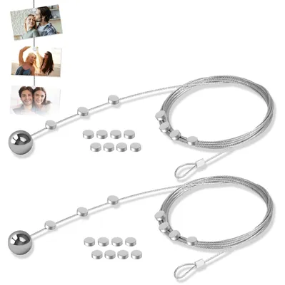 Produktbild von Fotoschnur, Fotodraht, 2 Stück, zum Aufhängen von Fotos, Fotoschnur mit 30 Magneten und Clips, 250 cm x 1,5 mm, Fotokette, Fotoschnur mit Clips zum Aufhängen von Fotos, Schnur für Fotos, Postkarten
