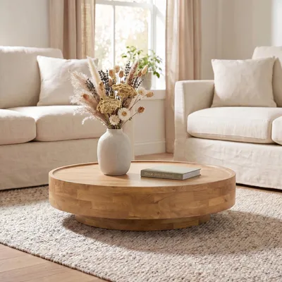 Produktbild von Couchtisch TIBET rund 110 cm aus Mangoholz, Hellbraun – massiver Wohnzimmertisch mit natürlicher Holzmaserung, Coffee Table aus Massivholz, Beistelltisch mit Blockholzoptik und bodennahem Design