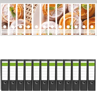 Produktbild von Wallario 12 Stück breite Ordner inkl. Klebeetiketten mit Motive Frische Biskuits mit Orangenscheiben -  Set mit Rückenschildern / Ordnerrücken Stickern