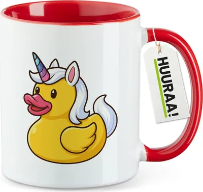 Produktbild von Huuraa Kaffeetasse Quietscheente Einhorn Gummiente Unicorn 330ml Rot Keramik Kaffeebecher Geschenkidee