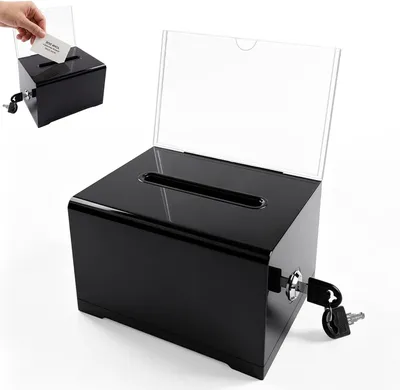 Imagen del producto de Caja de acrílico , de 16 x 12 x 10 cm, con cerradura y ranura, para votaciones