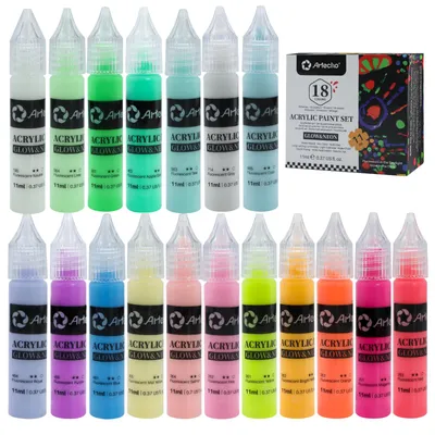 Produktbild von Artecho Glow & Neon Acrylfarben Set - 18 Farben à 11 ml mit feiner Dosierspitze - fluoreszierende UV-Farbe für Leinwand, Stein, Holz & kreative Deko