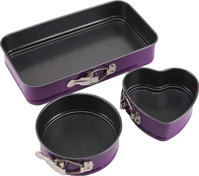 Three purple springform cake pans of different shapes (rectangular, round, and heart-shaped) are arranged on a white background.