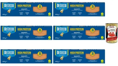 Produktbild von De Cecco Italian Gourmet Bundle 6x De Cecco High Protein Spaghetti 400g + Italian Gourmet Polpa, proteinreiche Pasta, 30% Protein, vegane Spaghetti, italienische Nudeln, Vorratspaket 2,4kg