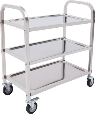 A stainless steel kitchen trolley with three shelves and wheels, shown against a white background.
