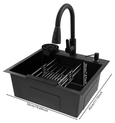 Image de Évier de cuisine multifonctionnel, robinet extractible, distributeur de savon, dimensions 50 x 45 cm