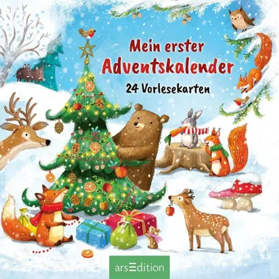 A festive winter scene with various animals gathered around a decorated Christmas tree, with gifts at its base.