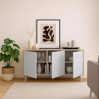 Immagine prodotto di Dmora Credenza Annina 39.6x153.9x72h cm Bianco Effetto Larice, Apertura Push Pull 3 Ante