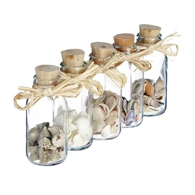 Image de Relaxdays : flacons décoratifs en forme de coquillage, lot de 5 coquillages assortis, décoration de salle de bain sur le thème de la mer, coquillages, mini-flacons en verre, naturel