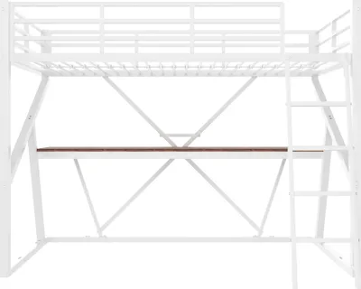 A white metal loft bed with a desk underneath, shown from the front.