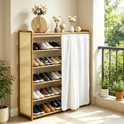 Produktbild von Schuhregal aus Holz mit Türvorhang,Eckschuhregal,Vertikaler Schuh-Organizer, freistehende Schuhregale for Flur/kleine Räume 90x24x97cm