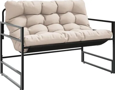 A taupe garden bench with a black metal frame, shown against a white background.