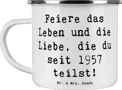 Produktbild von Mr. & Mrs. Panda Teetasse Spruch 1957 Geburtstag feiern - Weiß - Geschenk, Tasse Emaille, becher, Jahrgang, Glückwunsch, Jubiläum, Erinnerungen, Happy Birthday, Pott