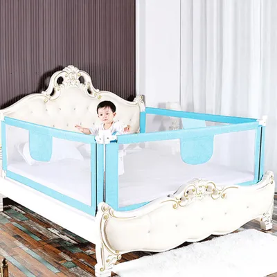 Produktbild von 150cm Baby Bettgitter Einziehbare Babybettgitter Kinder Bettgitter Bettschutzgitter Höhenverstellbar Rausfallschutz für Bett Blau