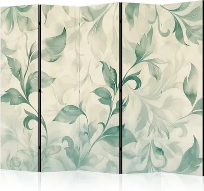 Produktbild von 5-teiliger Doppelseitiger Vlies Paravent - Watercolor Botanical Motif - Delicate Green-Beige Leaves. 225x172 cm Blumen f-H-10016-z-b