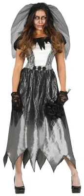 Produktbild von Gespenst Halloween Braut Outfit Schleier Spitzenkleid, Größe: 42 - 44 (L) Farbe: Schwarz