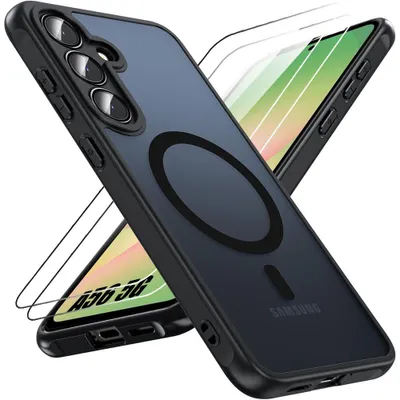 Image de Coque et 2 Verres Trempés pour Samsung Galaxy A56 5G, Protection avec Anneau Magnétique et Vitre Caméra - Noir