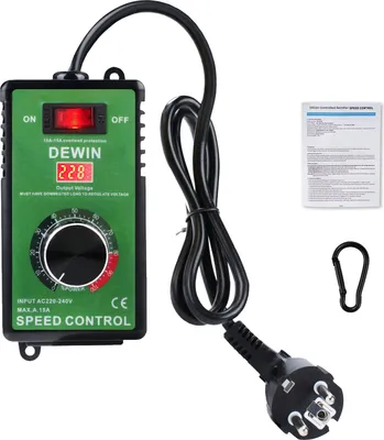 A product shot of a speed controller with its accessories and manual.