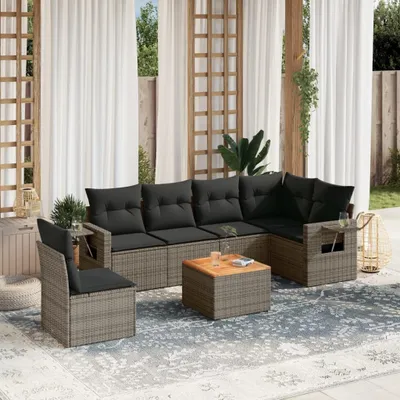 Produktbild von Design 7-tlg. Garten-Sofagarnitur mit Kissen Grau Poly Rattan, Gartensofas 2024 Neu