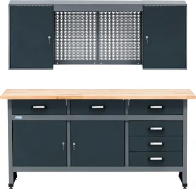 Produktbild von Werkstatt-Set Küpper anthrazit 1700mm bestehend aus Werkbank und Hängeschrank mit Lochwand