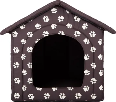 A brown dog house with white paw prints on it, shown from the front.