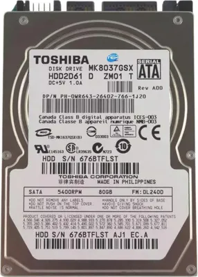 Imagen del producto de Disco duro Toshiba Mk8037gsx, 80 GB, HDD de 2,5", SATA, 5400 RPM, compatible con Windows