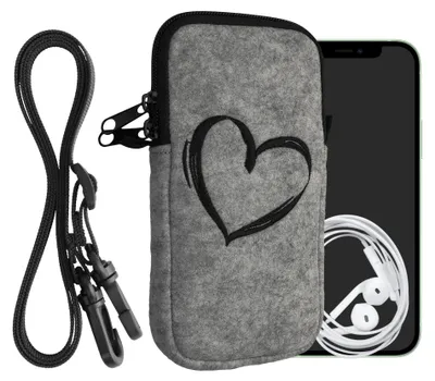 Produktbild von kwmobile Handytasche für Smartphones XL - 6,7/6,8" - Filz Handy Hülle Schwarz Hellgrau - Handy Tasche mit Kette 17,2 x 8,4 cm Innenmaße - Herz Brush