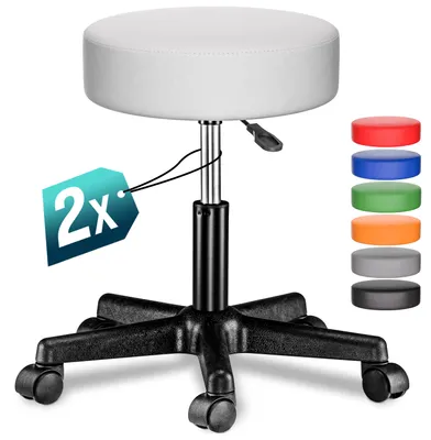 Produktbild von CASARIA® Rollhocker Höhenverstellbar 2er Set 10cm Polsterung 46-60cm Höhe 360° Drehbar Ø35cm Rund Rollen Bürohocker Drehhocker Arbeitshocker Stuhl Weiß