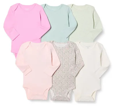 Zdjęcie produktu dla A. Essentials, body dla niemowląt (unisex), długi rękaw, bawełna, zestaw 6 sztuk, wzór kwiatowy