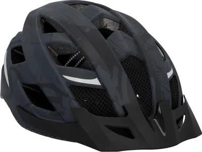 A bicycle helmet shown from a diagonal front view against a black background.