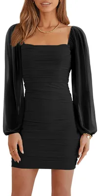Produktbild von Wenrine Damen Mesh Langarm Quadratischer Ausschnitt gerafft Party Club Cocktail
