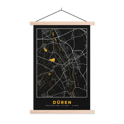 Produktbild von MuchoWow® Textilposter Schwarz und Gold - Stadtplan - Düren - Deutschland - Karte 120x180 cm mit holzfarbenen Rahmen - Textil-Plakat
