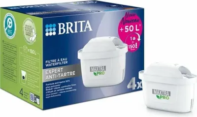 A product box for Brita water filters, with a filter shown next to it.