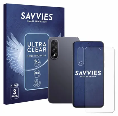 A product shot of a phone screen protector packaging, a phone, and a screen protector.